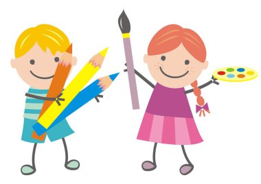 Çocuklar ve resim, komik vektör çizimi. Fırça ve palet renginde bir kız ve erkek pastel boya tutuyor..