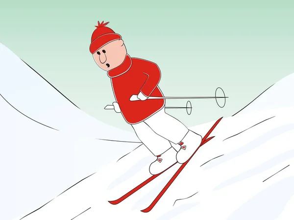 赤いドレスのスキーヤー ユーモラスなベクトルイラスト — ストックベクタ
