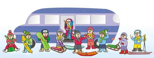 Crianças Ônibus Atividade Esportiva Inverno Ilustração Vetorial —  Vetores de Stock