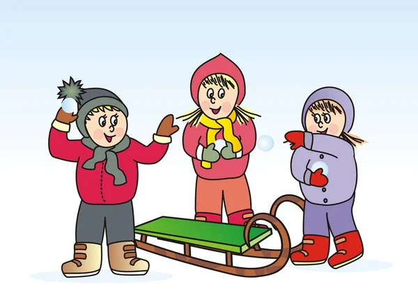 Drei Kinder Mit Schlitten Schneeballschlacht Lustige Vektorillustration — Stockvektor