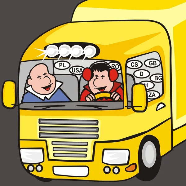 Caminhão Amarelo Cabine Com Dois Homens Ilustração Vetor Humorístico —  Vetores de Stock