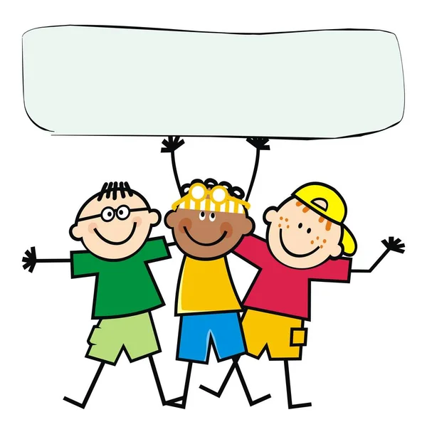 Three Happy Boys Banner Vector Illustration — Stock Vector