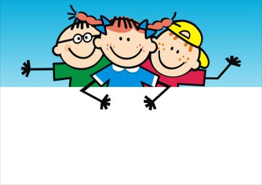Üç gülümseyen çocuk, iki oğlan ve bir kız, komik vektör çizimi.