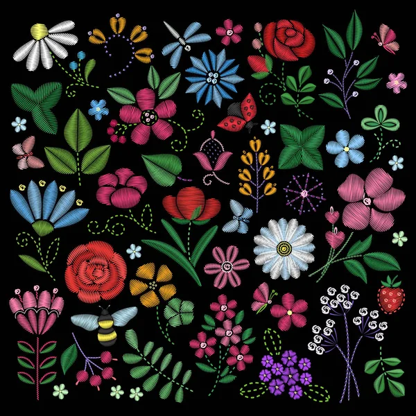 Broderi-element. Blommor, blad, trollsländor, fjärilar broderad på svart bakgrund. Blommotiv för att skapa handgjorda design. Modedesign. Vector broderade illustration — Stock vektor