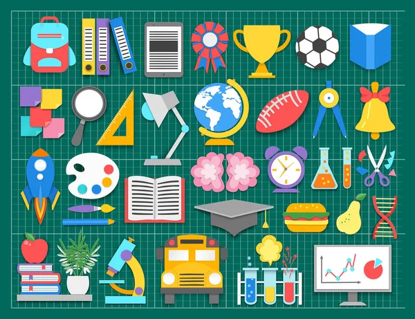 School icons on green cutting mat.Paper cut cartoon education supplies set in trendy craft style. Modern origami teaching and learning symbol design. Vector illustration. — Stock Vector