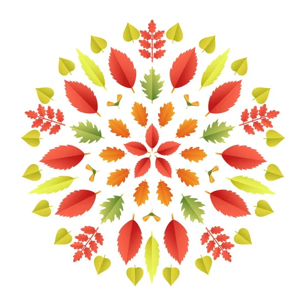 Herfst mandala. Kleurrijke herfstbladeren Caleidoscoop geïsoleerd op een witte achtergrond. Papier knippen 3d vlakke stijl, vectorillustratie — Stockvector