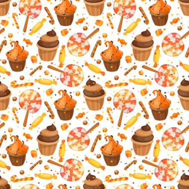 Mutlu Cadılar Bayramı tatlı seamless modeli. Hediye ver yoksa karışmam. Çizgi film vektör çizim şeker ve lolipop.