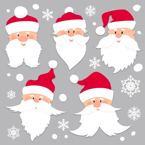 Christmas Santa Claus gezichten in rode doppen. Oude mannen in rode muts met witte baard en snor. Vreemde tekens. Vakantie seizoen pictogrammen instellen. Platte papier knippen stijl vectorillustratie. — Stockvector