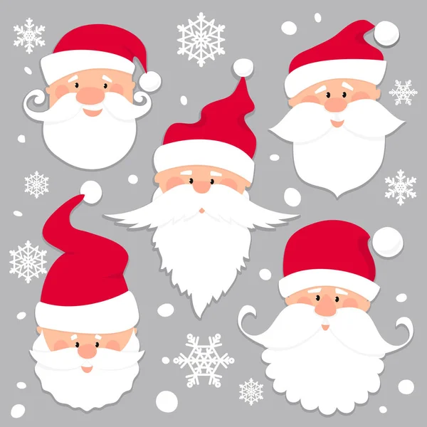 Christmas Santa Claus faces in red caps . Old men in red hat with white beard and mustache .Funny characters. Holiday season icons set. Flat paper cut style vector illustration. — Stock Vector