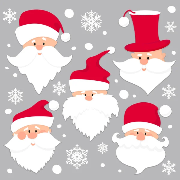 Christmas Santa Claus gezichten in rode doppen. Oude mannen in rode muts met witte baard en snor. Vreemde tekens. Vakantie seizoen pictogrammen instellen. Platte papier knippen stijl vectorillustratie. — Stockvector