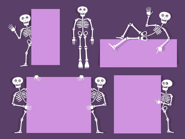 Cartoon skeleton vector bony character with banners and flyers. Paper cut out style design. Day of the dead invitation background. Vector illustration. — Stock Vector