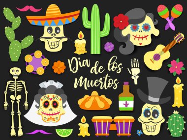 Dia de los muertos. Day of the Dead traditional mexican holiday elements set. Paper cut style flat icons with shadow on black background. Vector illustration. clipart