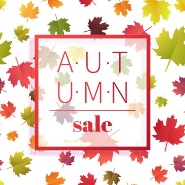 Sonbahar Satılık. Sonbahar sezonu afiş satış ve indirimler. Renkli beyaz arka plan üzerinde başlık ve satış davetiyesi yaprak. Vektör çizim.