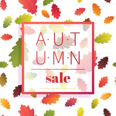 Sonbahar Satılık. Sonbahar sezonu afiş satış ve indirimler. Renkli beyaz arka plan üzerinde başlık ve satış davetiyesi yaprak. Vektör çizim.