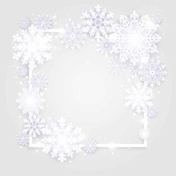 Fundo de Natal, flocos de neve brancos em grey.Square quadro com decoração. Design de modelo de inverno para cartazes, folhetos, folhetos ou vouchers. Ilustração vetorial —  Vetores de Stock