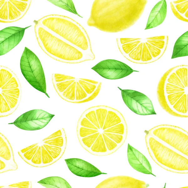 Verse citroen fruit geheel en gesneden naadloze patroon. Citrus met bladeren geïsoleerd op een witte achtergrond. Aquarel hand getrokken illustratie. — Stockfoto