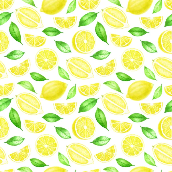 Frutas frescas de limón enteras y en rodajas patrón sin costuras. Cítricos con hojas aisladas sobre fondo blanco. Acuarela ilustración dibujada a mano . — Foto de Stock