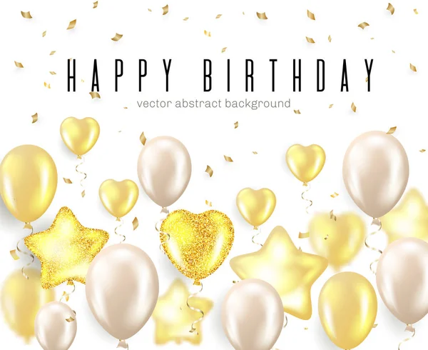 Gelukkige verjaardag viering typografie design voor wenskaart, poster of het spandoek met realistische gouden ballonnen en dalende confetti. Vectorillustratie — Stockvector
