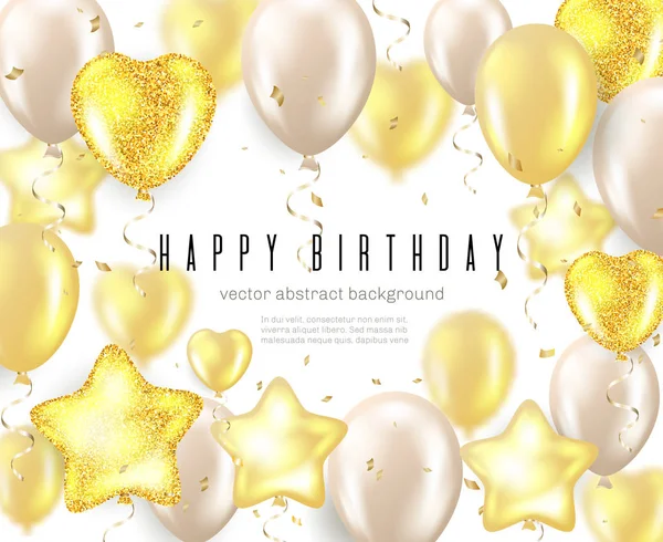 生日快乐庆祝贺卡, 海报或横幅与现实的金色气球和掉落的五彩纸屑的版式设计。矢量插图 — 图库矢量图片