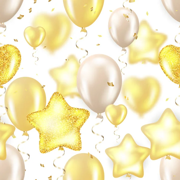Gelukkige verjaardag vectorillustratie - Golden foil confetti en zwart, wit en glitter gouden ballonnen. — Stockvector