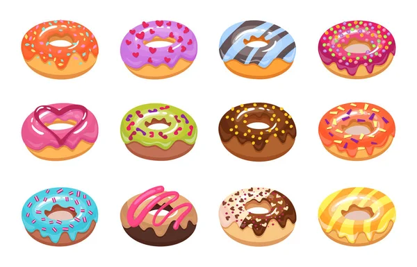 Süße leckere Donut-Set isoliert auf weißem Hintergrund. Bunte Gebäck reich Toppings und Geschmack in 3 d. Erdbeere, Schokolade, Karamell, Sterne, Herz, Orange, Zucker glasiert.cartoon Stil Vektor Illustration. — Stockvektor