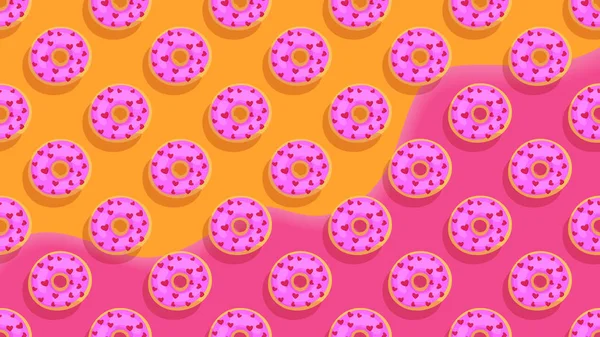 Süße Donuts.bunte glasierte Backwaren Hintergrund. Honig, Erdbeere, orange und rosa Toppings Bäckerei mit Herzen Dekorationen von oben View.cartoon flachen Stil Vektor Illustration. — Stockvektor
