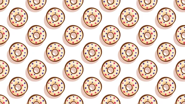 Süße Donuts.bunte glasierte Gebäck nahtlosen Hintergrund. USA Unabhängigkeit Tag Stil Bäckerei mit Dekorationen Top View.Cartoon flachen Stil Vektor Illustration. — Stockvektor