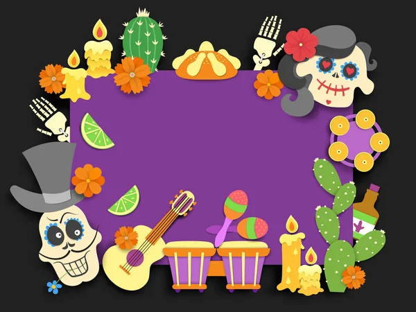 Dia de los muertos. Day of the Dead traditional mexican holiday flyer.Paper cut style flat decoration with shadow on black background. Vector illustration. — Stock Vector