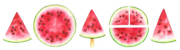 Vattenmeloner skivor isolerade på vit bakgrund. Fräsch och saftig sommar hälsosam mat design. Ekologisk frukt akvarell illustration till gårds marknads menyn — Stockfoto