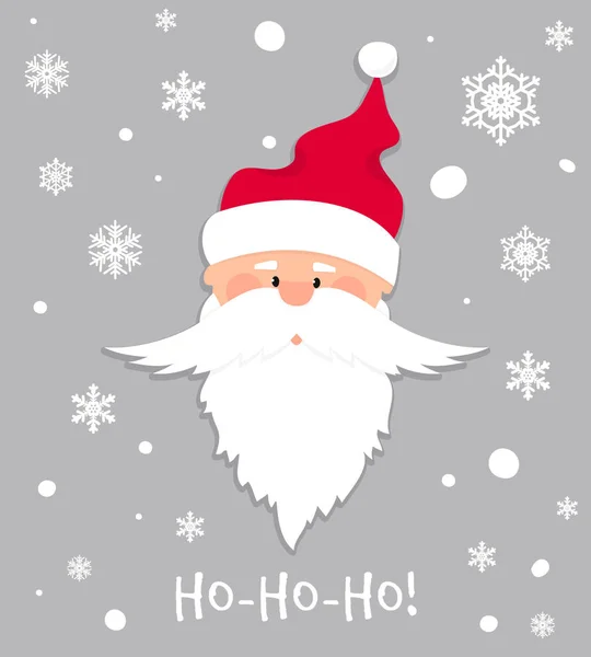 Ho-Ho-Ho kerst banner. Santa Claus in Red Hat op Snowflake achtergrond. Cartoon kerst karakters winter vakantie vector illustratie — Stockvector