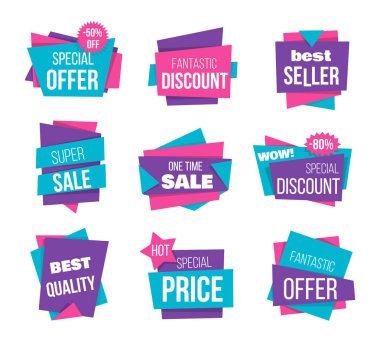 Süper satış, en iyi teklif, düşük fiyat, en çok satan afiş. Fiyat etiketi metin şekli toptan satın alma afiş promosyon şerit renkli alışveriş etiket seti. Düz stil vektör çizimi.