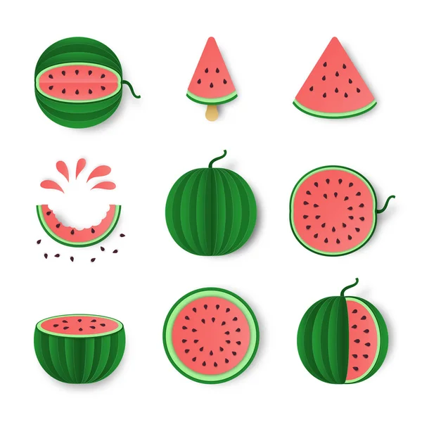 Watermeloen hele, halve en gesneden set geïsoleerd op witte achtergrond. Gezond eten trendy design. Fruit illustratie voor boerderij marktmenu. Papier knippen stijl vector illustratie — Stockvector