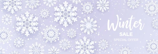 Winterverkauf. Schneefall-Banner mit Verkaufstext und Schneeflocken auf blauem Hintergrund für saisonale Verkaufsförderung im Einzelhandel. Weihnachten saisonal design.Vektor Illustration. — Stockvektor