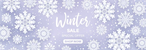 Зимняя продажа. Снегопад рамка с текстом продажи и снежинки на синем фоне для розничной сезонной рекламы. Новогодняя векторная иллюстрация . — стоковый вектор