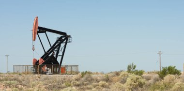 Vaca muerta tarlası. Bir petrol pompası Neuquen, Arjantin 'de topraktan ham petrol pompalıyor.