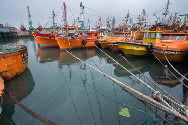 Mar del Plata, Arjantin - 19 Eylül 2016: Bu küçük tekneler şafakta balığa gider ve gün batımında geri döner. Sahipleri tarafından kullanılıyorlar ve yerel dükkanlarda taze balık satıyorlar.