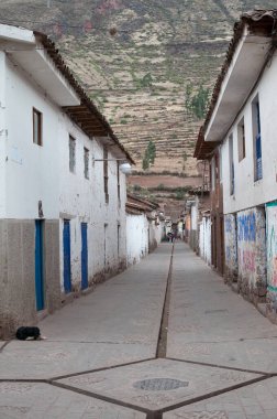 Pisac, Peru - 12 Ağustos 2011: Kentteki sokaklar ve günlük yaşam.
