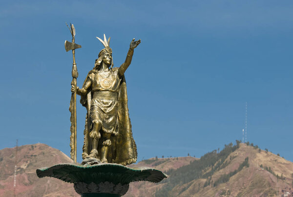 Cuzco, Peru - July 30 2011: The main statue in plaza de armas of Cuzco