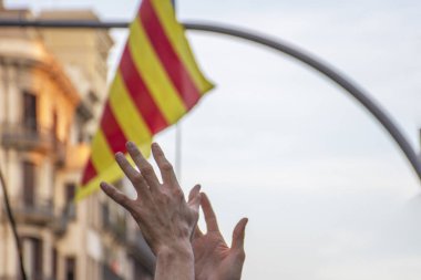 Katalonya Ulusal günü. Otonom bayrak. Senyera. Katalan bağımsızlık, sembolleri. 11 Eylül. Barcelona tezahürü