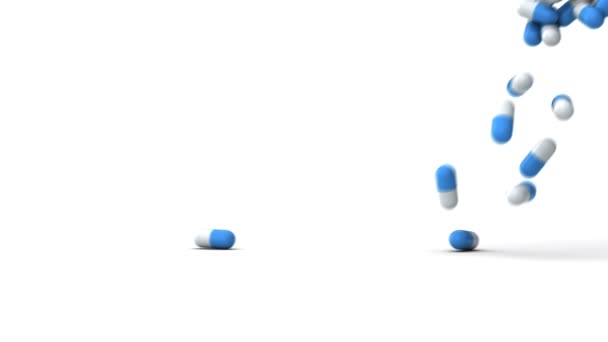 白い孤立した背景スローモーションアニメーション3Dレンダリングに落ちる錠剤 — ストック動画