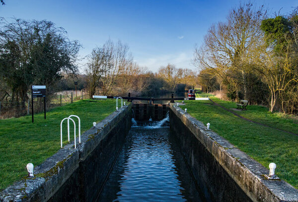 Feakes Lock on the Stort and Lee Navigation or canal between Harlow and Sawbridgeworth in Hertfordshire.