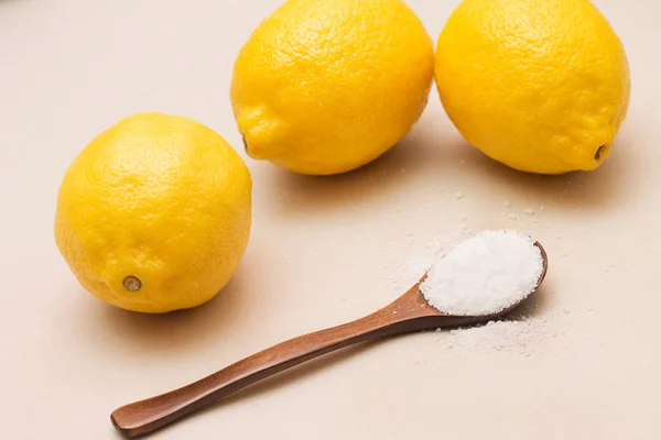 Citric Acid Wooden Spoon Lemons Close — Stock Photo, Image