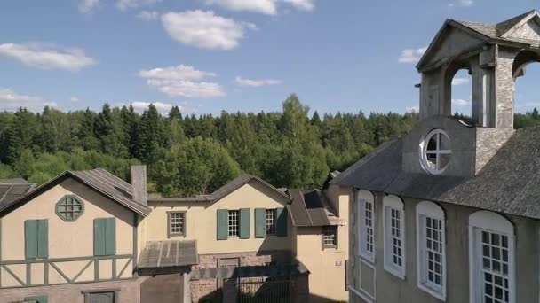 Middeleeuwse Stad Gildehuis Executieplaats Stelt Luchtgeschiedenis Historische Wederopbouw Antenne Oud — Stockvideo