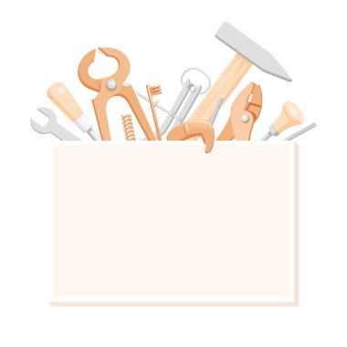 Ev aletleri Illustration. Afiş için araçları kompozisyon. Resimde bir logo için bir araç. Bir kartvizit için tamirci araçları. Ana sınıfı el ilanı için araç kutusunun içeriği.