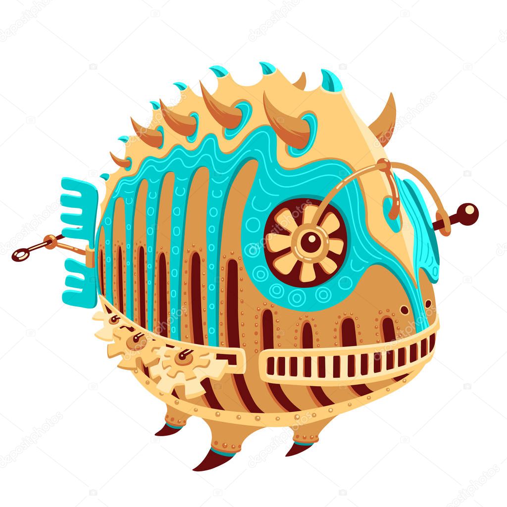 Robot-fish with yellow and turquoise metal parts and a propeller. Round hollow fish robot. Exotic metal fish for a mascot. Robot-fish for a logotype. Funky metal robot in the shape of a round fish.