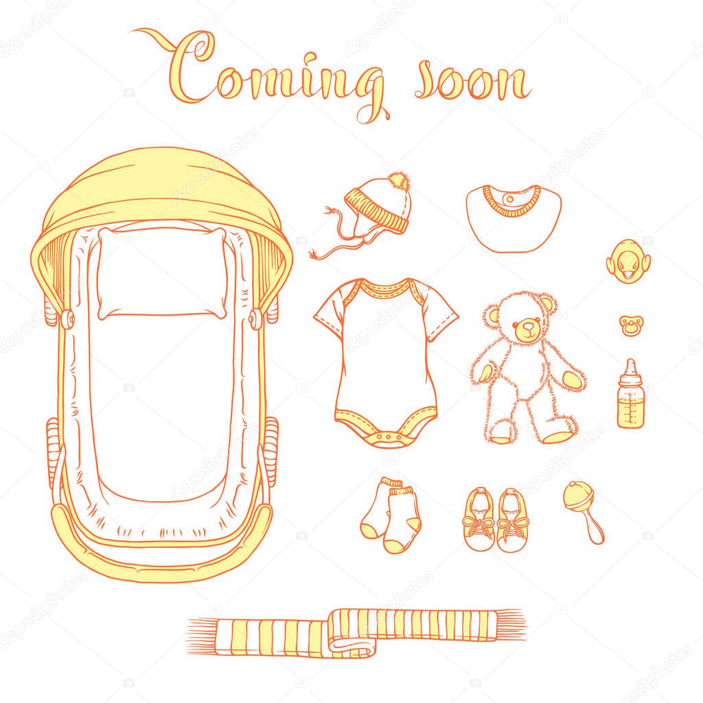 Illustration of baby items with text coming soon. Baby items for logo: stroller, babygro, baby-bib, baby-shoes, hat. Illustrations of infant clothing and toys for a banner, a flyer or a business card.