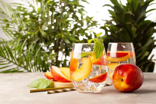 Peach cocktail or lemonade with fresh peaches and tropical plants on background.Close up of refreshing summer cocktail. — Stock Photo, Image