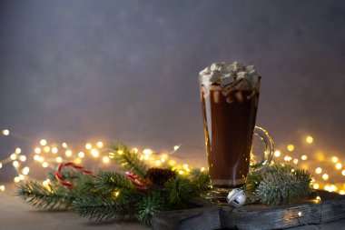 Sıcak çikolata ya da marşmelovlu kakao ve noel ışıkları, şeker kamışları ve Noel çanları olan köknar dallı tarçın tozu..