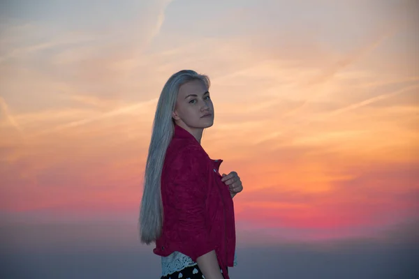 girl blonde and sunset sky