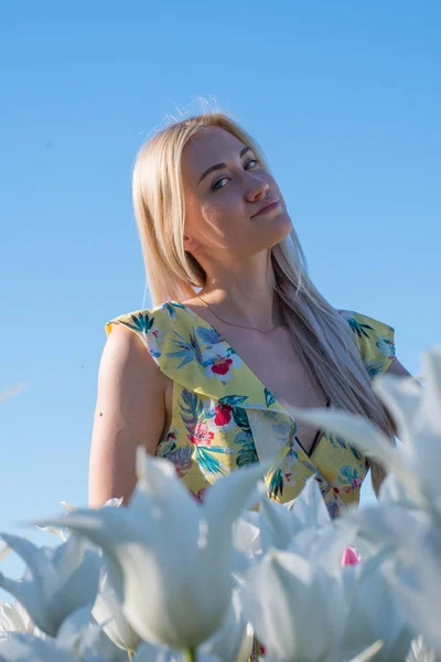 Blondes Mädchen Den Feldern Der Tulpen Lisse — Stockfoto